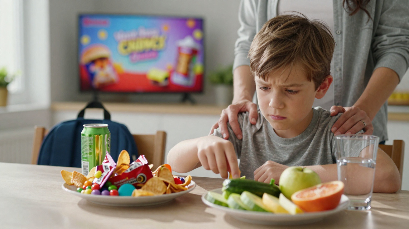 Menino desapontado escolhe snacks saudáveis num prato, ao lado de um prato com doces e refrigerante, com adulto a confortá-lo