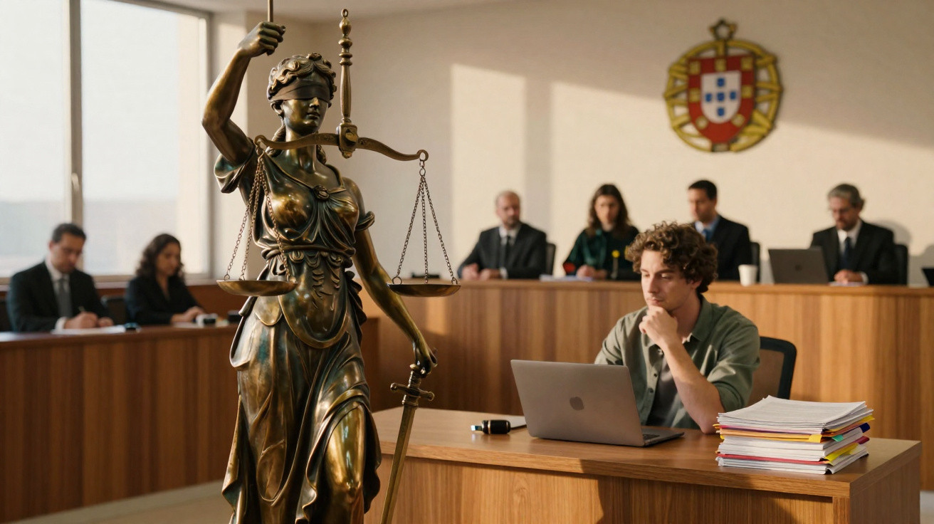 Estátua da Justiça em tribunal, com advogado a trabalhar num computador e juízes sentados ao fundo.