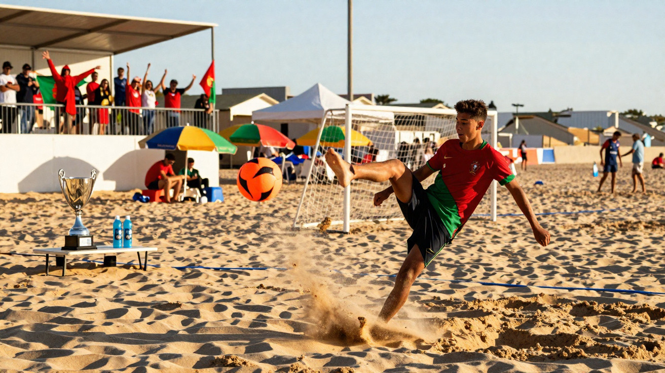 Jovem jogador em ação num jogo de futebol de praia, com público e troféu ao fundo na areia.
