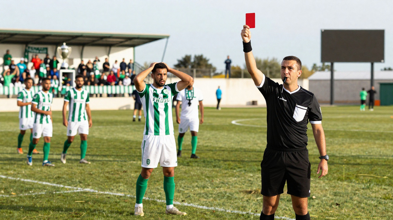 Árbitro mostra cartão vermelho durante jogo de futebol com jogador desapontado ao fundo.