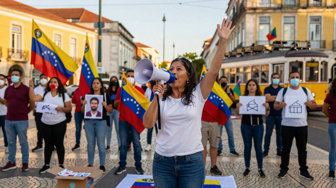 Mulher com megafone lidera protesto com pessoas a segurar bandeiras da Venezuela e cartazes numa rua urbana.
