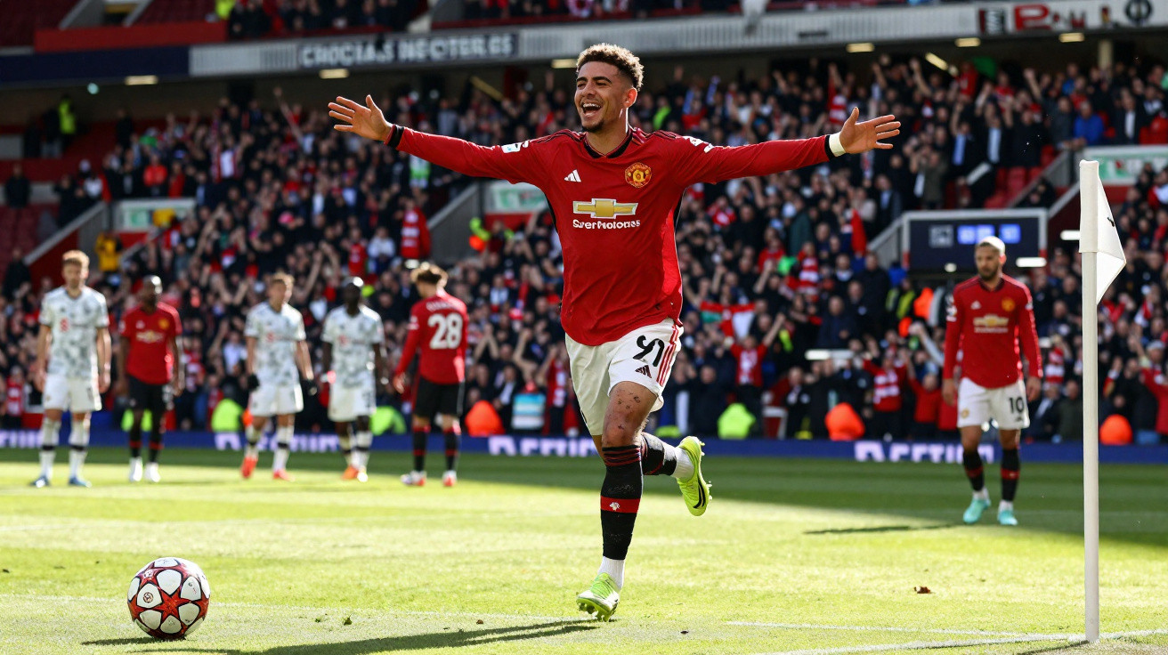 Jogador do Manchester United celebra golo perto da bandeirola de canto com público ao fundo.