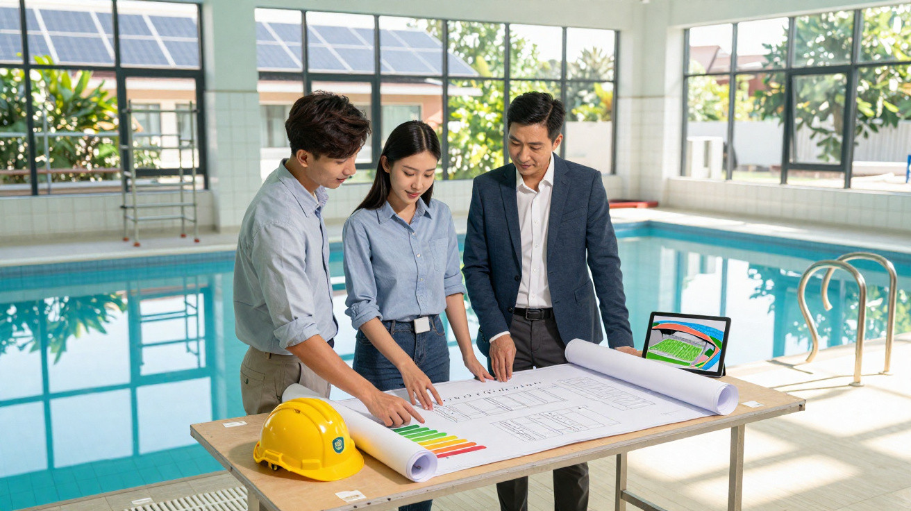 Três pessoas analisam plantas técnicas junto a uma piscina interior, com capacete e computador ao lado.