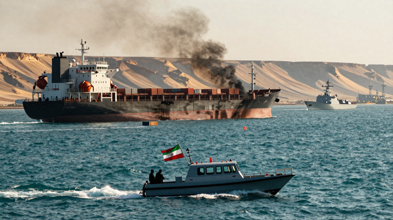 Navio de carga com fumo negro e barco pequeno com bandeira do Irão no mar junto a deserto costeiro.