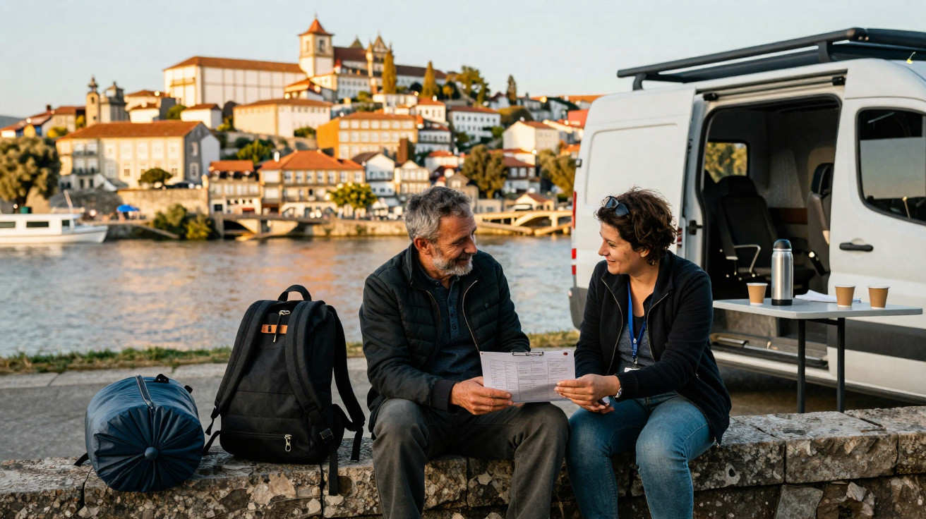Casal sentado junto a rio com mochila, tenda e carrinha, planeando viagem em cidade histórica ao fundo.