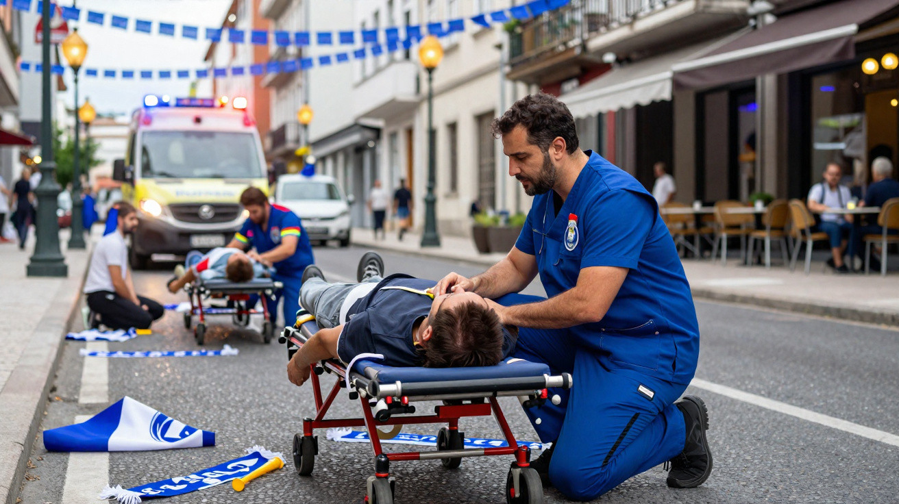 Paramédicos cuidam de duas pessoas deitadas em macas numa rua enquanto uma ambulância está estacionada com sirenes ligadas.