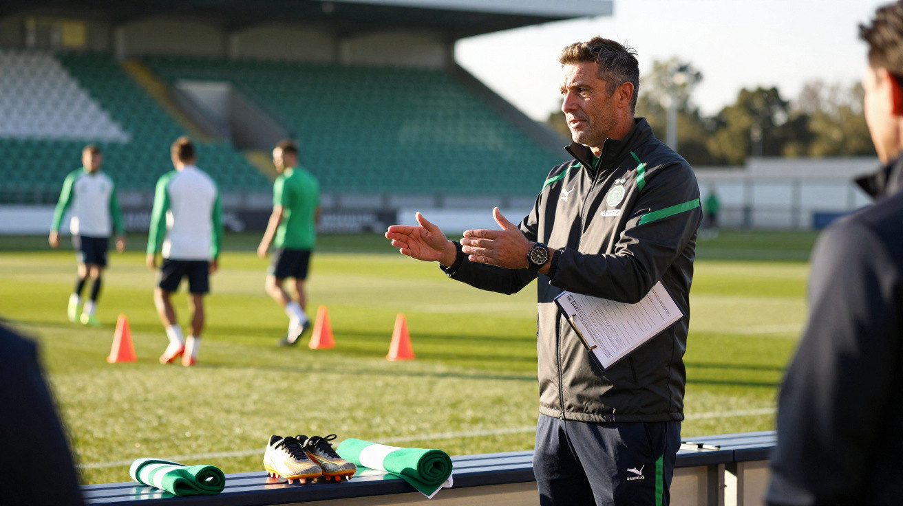 Treinador de futebol a orientar jogadores durante treino num campo ao ar livre com cones e equipamentos.