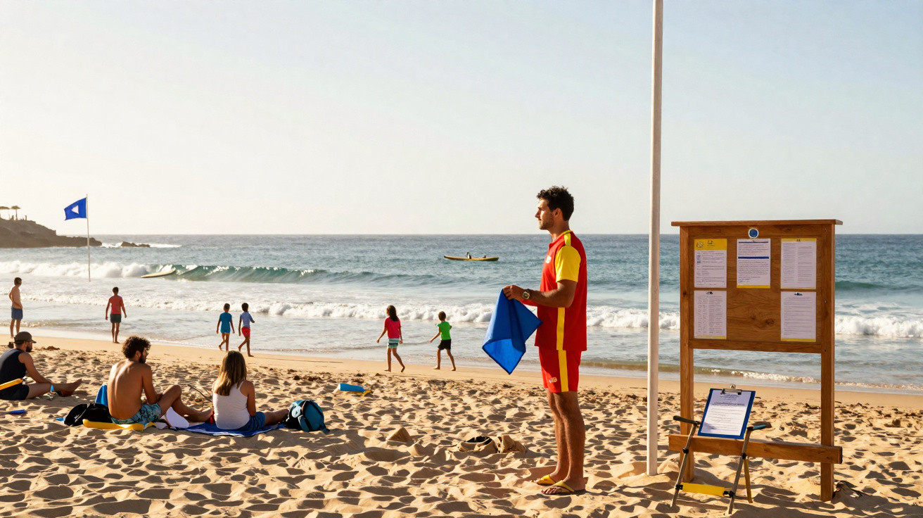 Salva-vidas de pé na praia com colete vermelho e amarelo observa crianças e banhistas na areia junto ao mar.