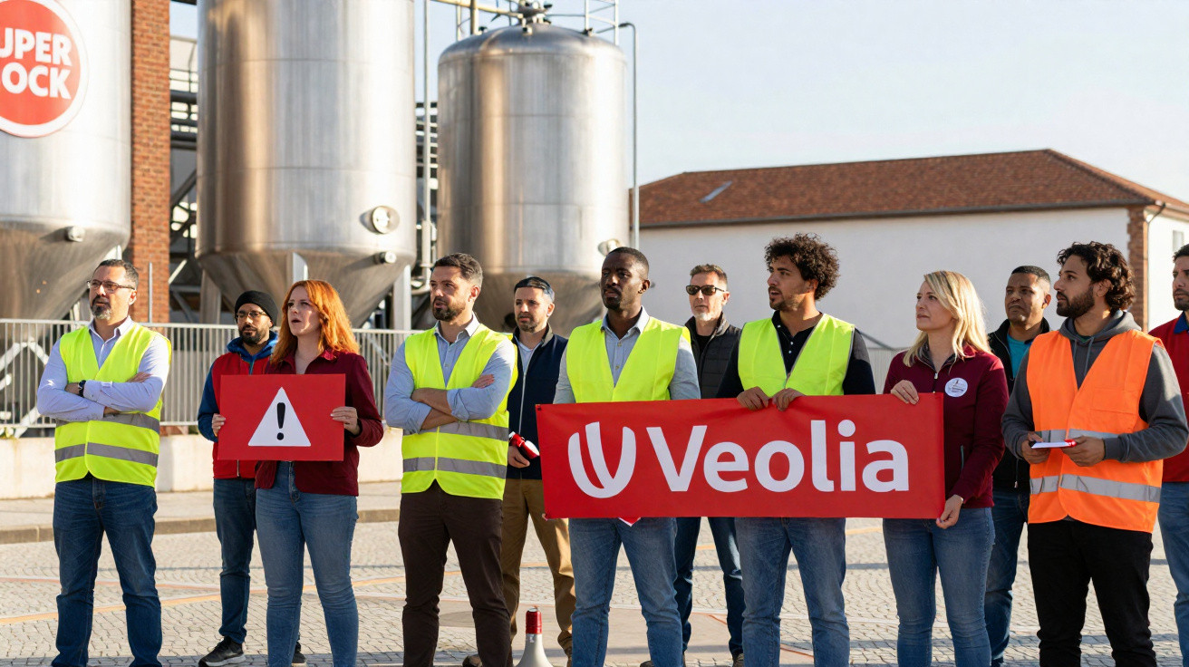 Grupo de trabalhadores em coletes refletores numa manifestação com cartaz da Veolia.