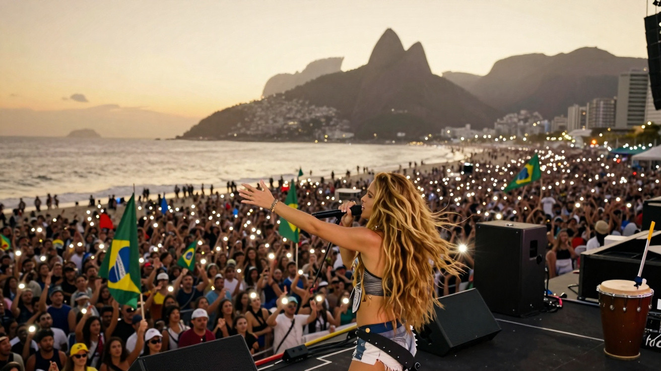 Cantora a atuar numa praia ao pôr do sol com multidão a acenar bandeiras do Brasil e a usar luzes de telemóveis.