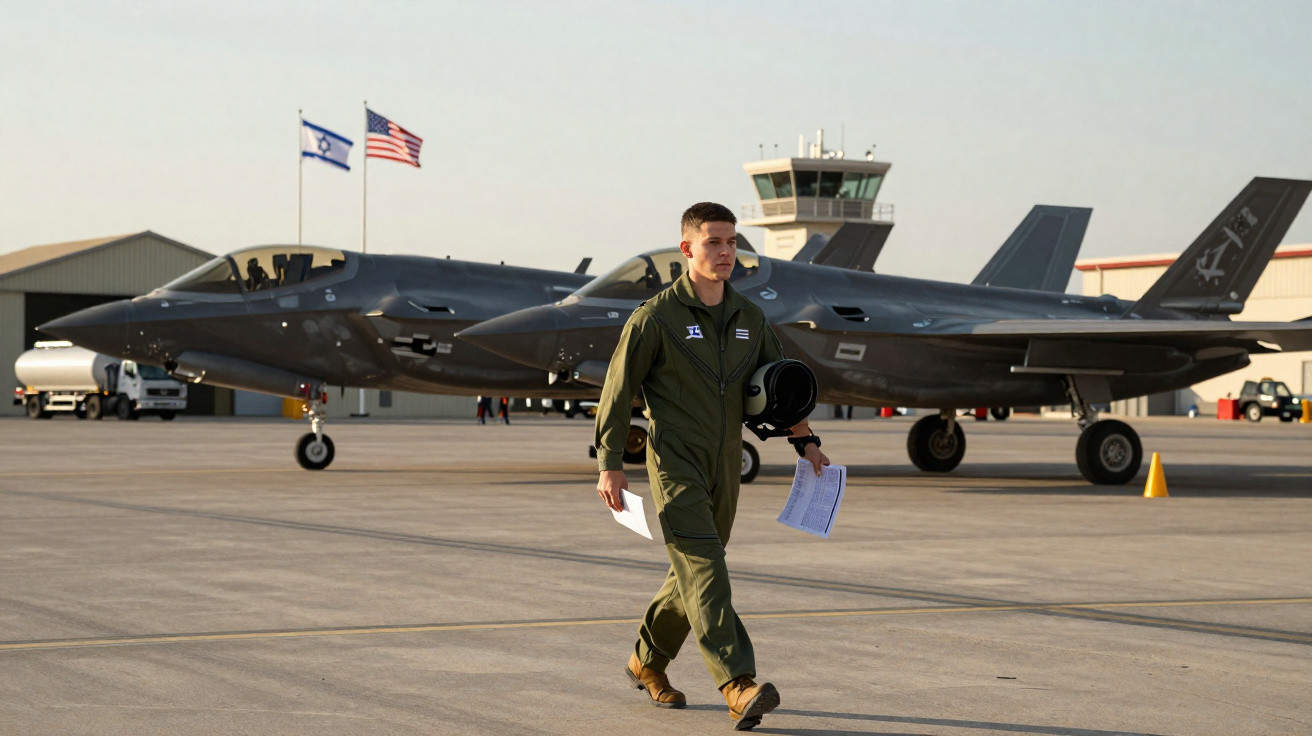 Piloto militar a caminhar na pista com dois caças F-35 e as bandeiras de Israel e EUA ao fundo.