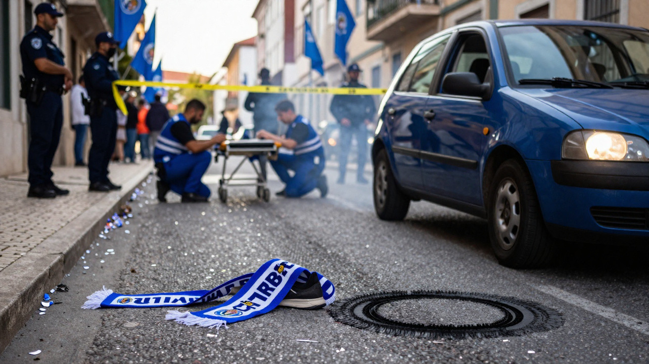 Fita policial delimita cena na rua, com equipamento abandonado e polícia a investigar num acidente.