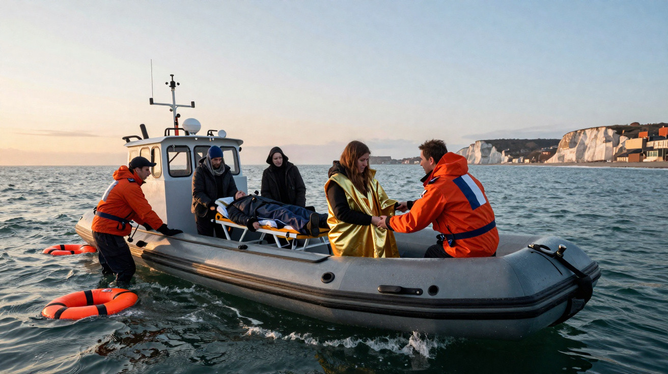 Equipa de resgate marítimo ajuda pessoa em maca num bote insuflável junto à costa rochosa ao pôr do sol.