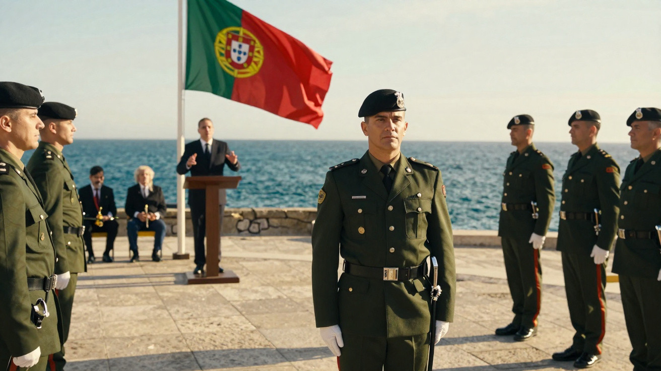 Cerimónia militar junto ao mar com soldados em uniforme verde e bandeira de Portugal ao fundo.