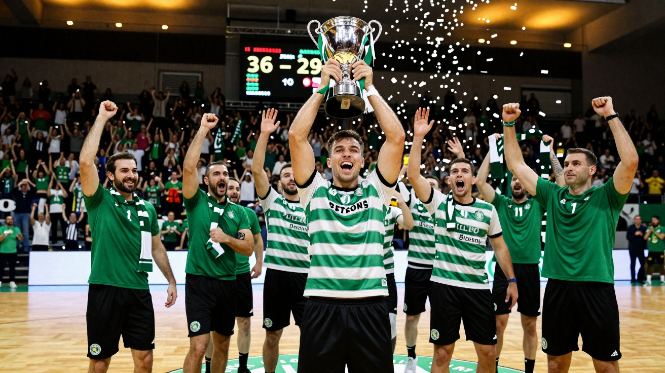 Grupo de jogadores de andebol do Sporting comemorando vitória com troféu num pavilhão desportivo.