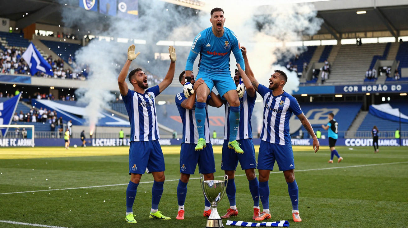 Jogadores do FC Porto comemoram vitória com taça em campo, enquanto um deles é levantado pelos colegas.