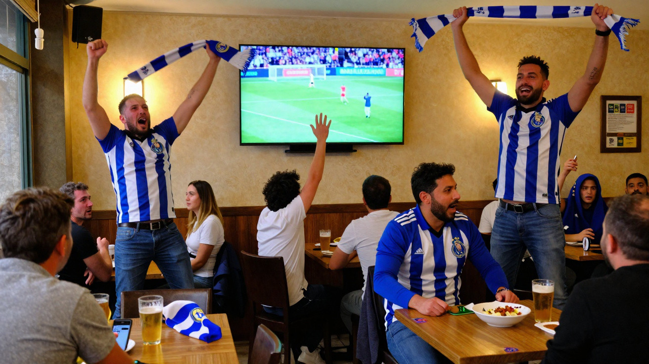 Adeptos com camisolas e cachecóis do FC Porto celebram golos enquanto assistem a um jogo num bar.