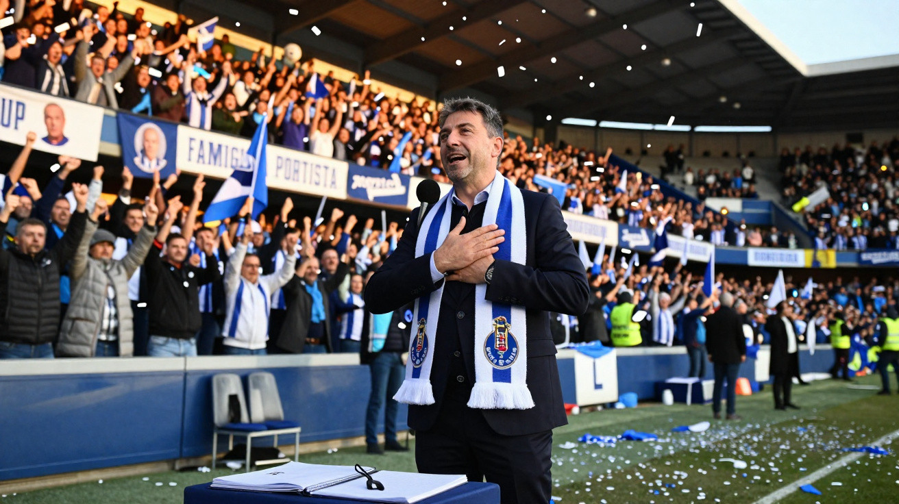 Homem com cachecol do FC Porto canta emocionado junto a multidão num estádio cheio.