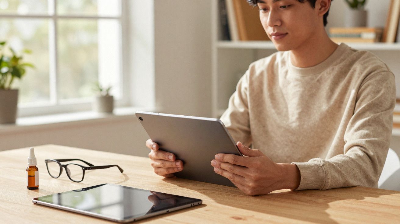 Pessoa sentada a usar um tablet, com óculos, frasco e outro tablet numa mesa de madeira.