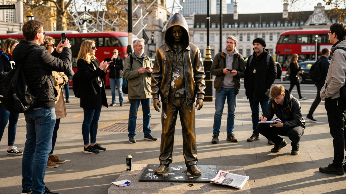 Estátua de bronze de jovem com capuz rodeada por pessoas numa rua movimentada de Londres, com autocarro vermelho ao fundo.