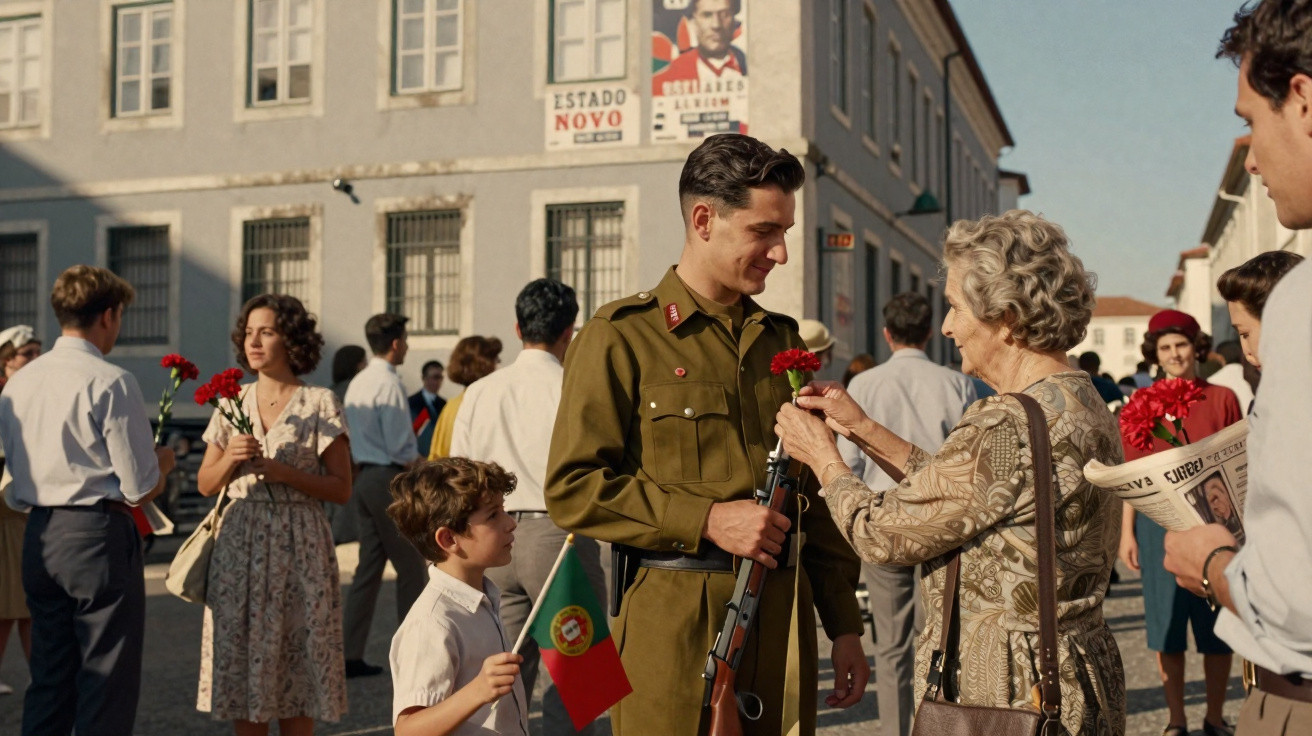 Mulher entrega cravo a soldado com criança portuguesa segurando bandeira num cenário urbano antigo.