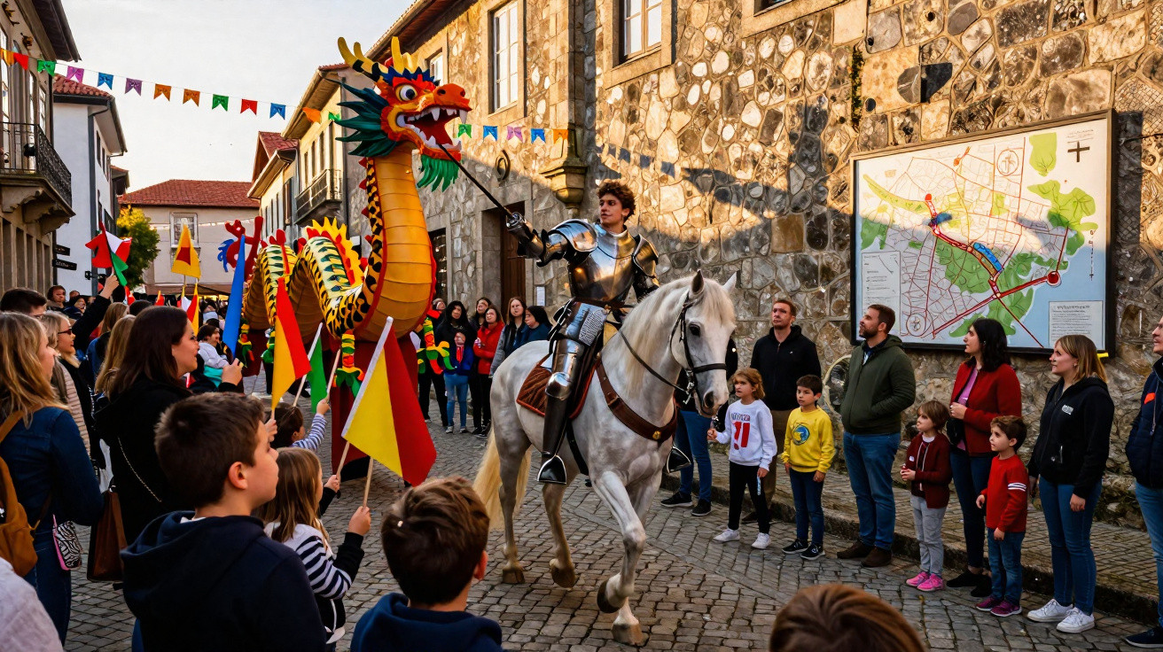 Cavaleiro em armadura montado num cavalo branco junto a um dragão colorido em desfile numa rua com pessoas a assistir.