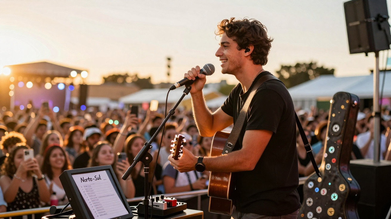 Músico a tocar guitarra e cantar em palco ao pôr do sol, com público a assistir e tirar fotos.