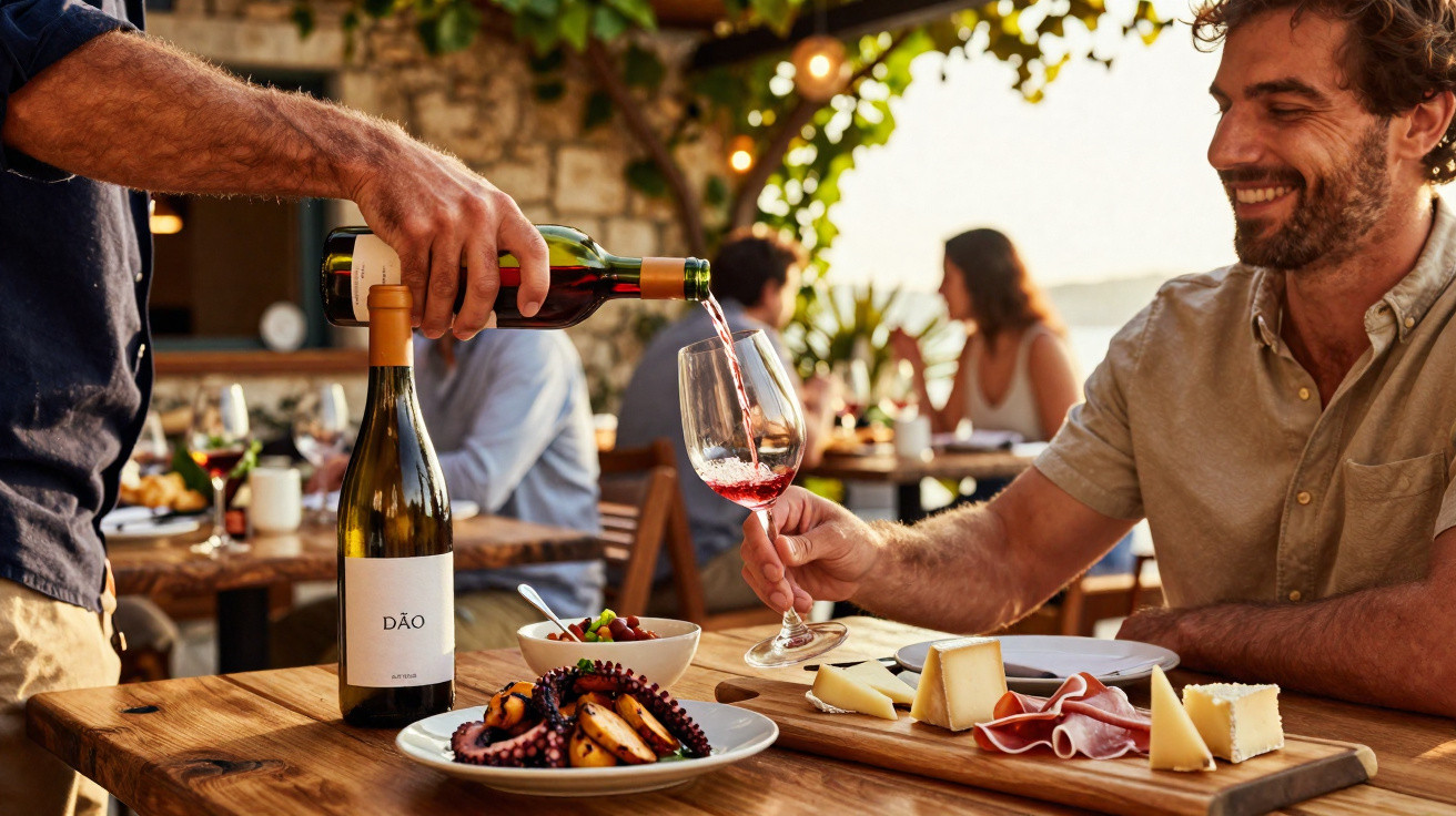 Homem a ser servido com vinho tinto num restaurante ao ar livre com petiscos e marisco na mesa.
