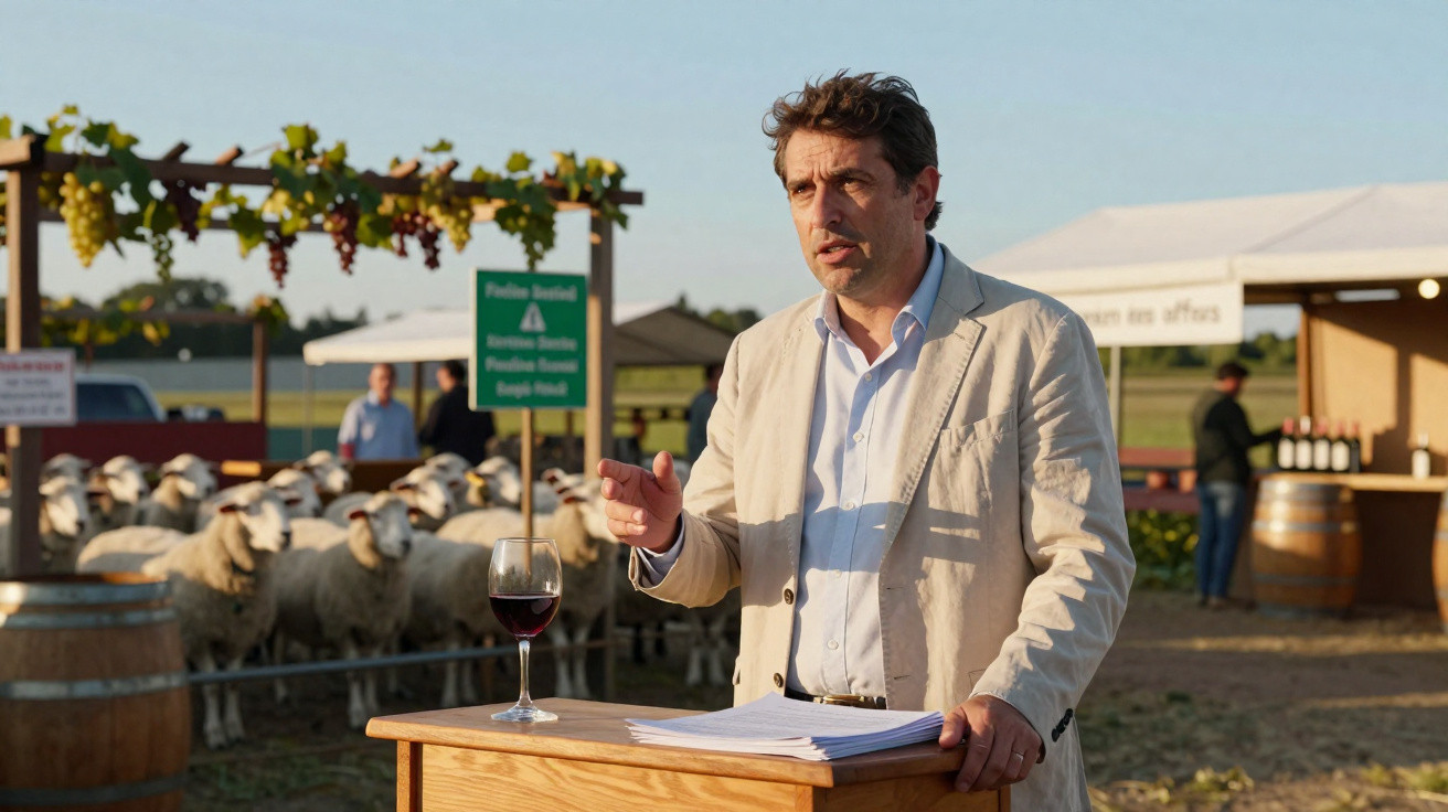 Homem a discursar ao ar livre perto de ovelhas e vinho num cenário rural durante o dia.