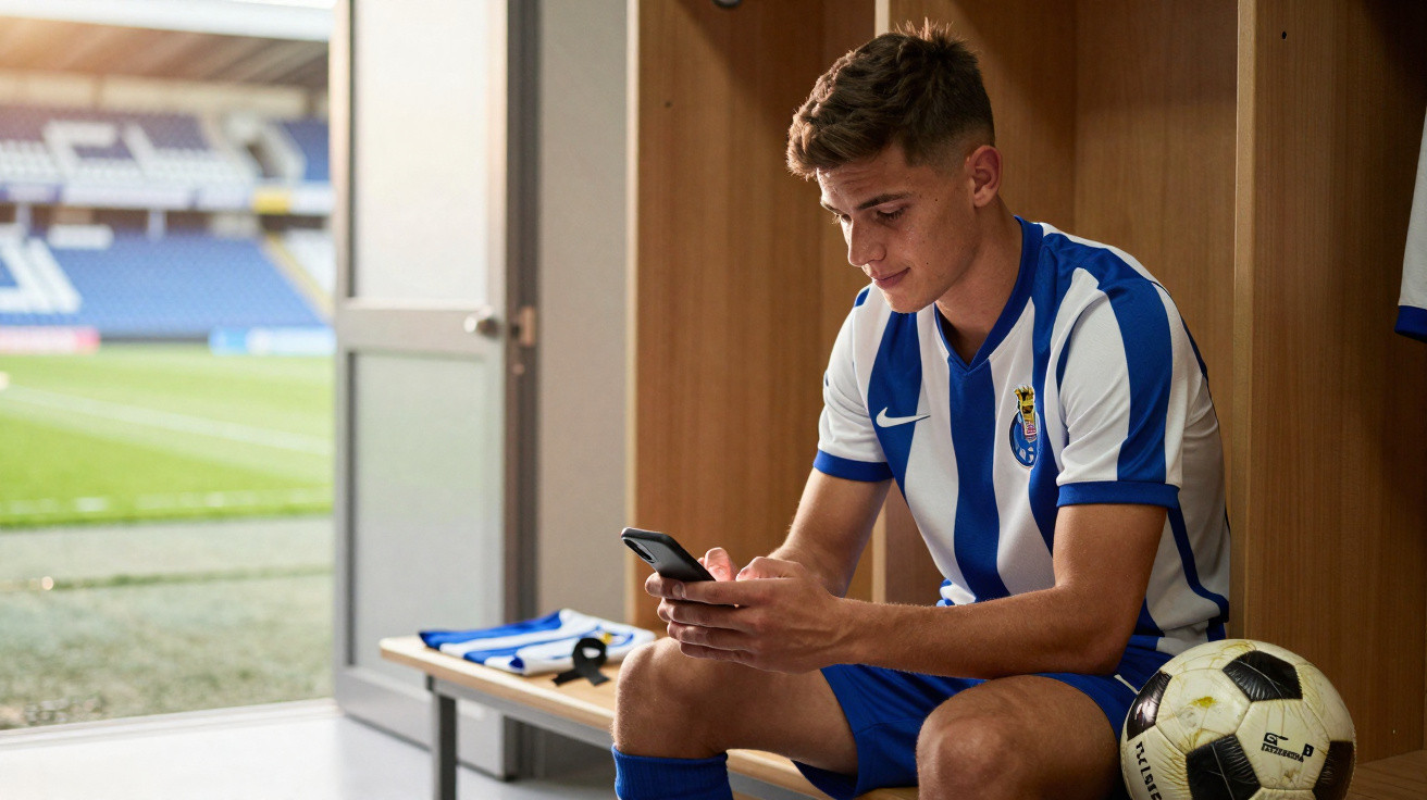 Jovem jogador de futebol com a camisola do FC Porto sentado no balneário, a usar telemóvel junto a uma bola.