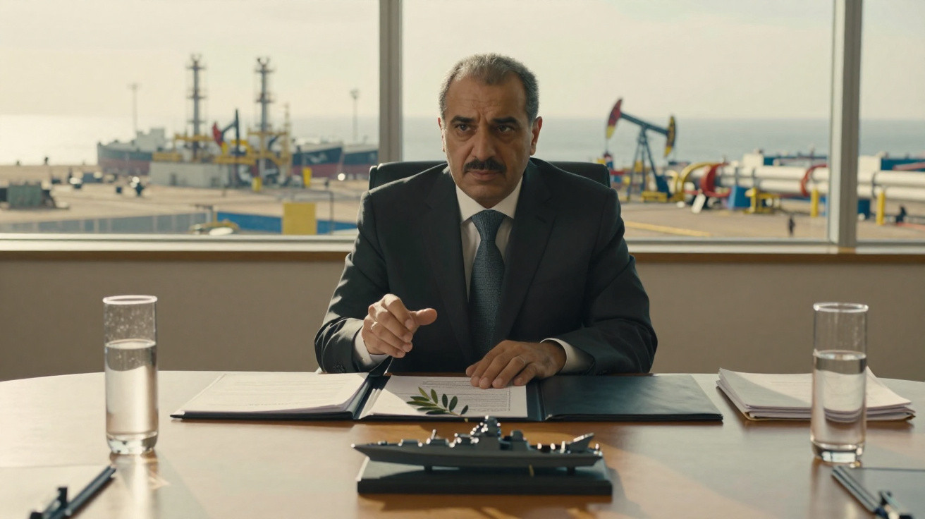 Homem de fato sentado à mesa com documentos e maquete de navio, óleo no fundo pela janela.