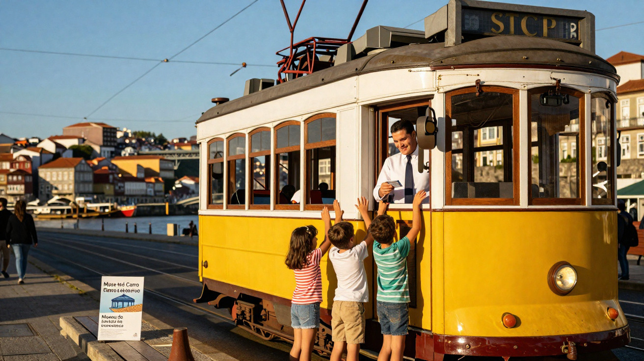Crianças felizes cumprimentam condutor de elétrico amarelo numa rua com edifícios e rio ao fundo.