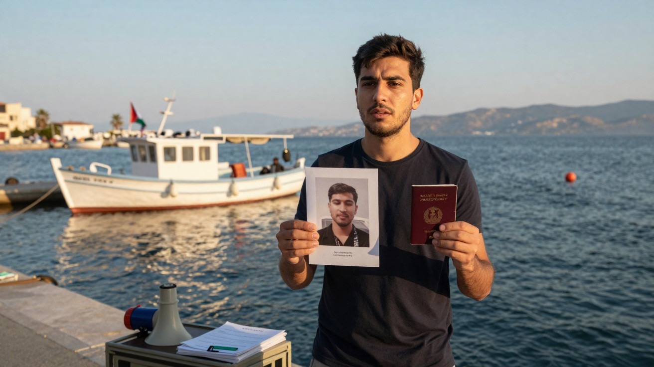 Homem jovem num cais a segurar uma foto e um passaporte com um barco e mar ao fundo.