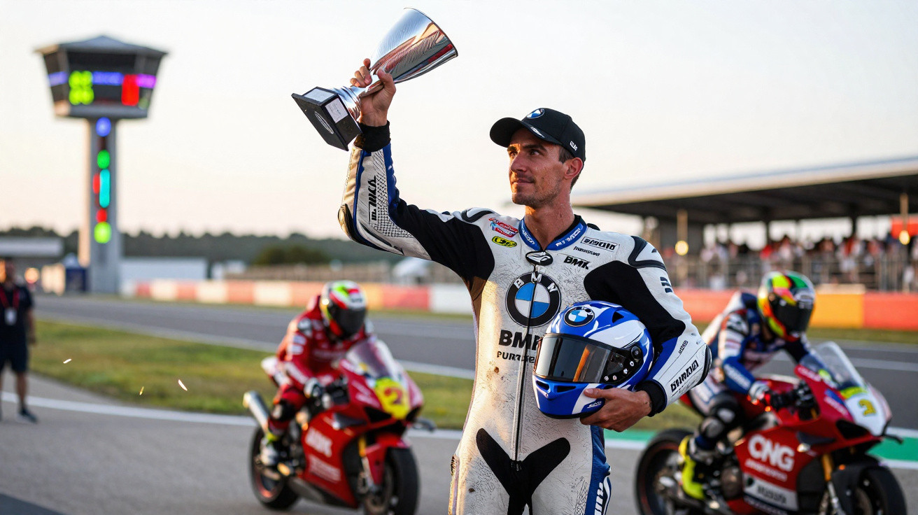 Piloto de moto celebra com troféu e capacete na mão, enquanto motos e espectadores aparecem ao fundo.