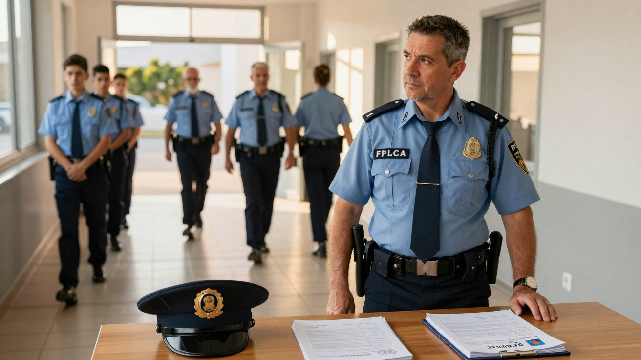 Polícias em uniforme azul num corredor, um deles está à frente de secretária com documentos e chapéu.