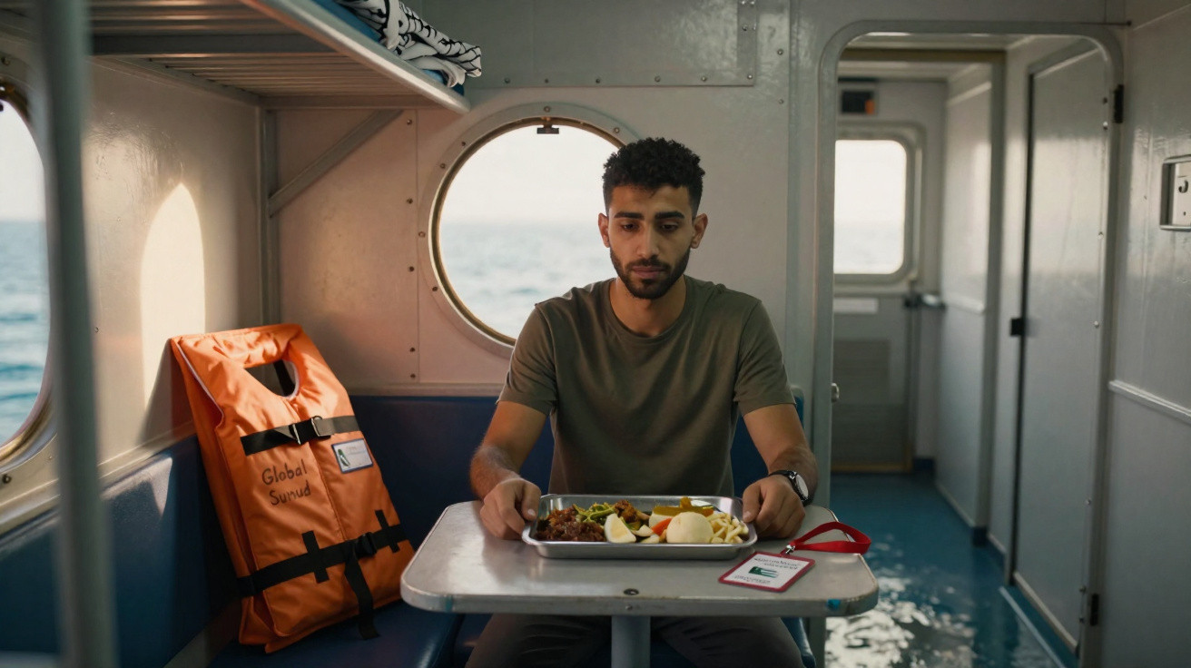 Homem sentado numa mesa dentro de barco a olhar para um prato de comida servido numa bandeja metálica.