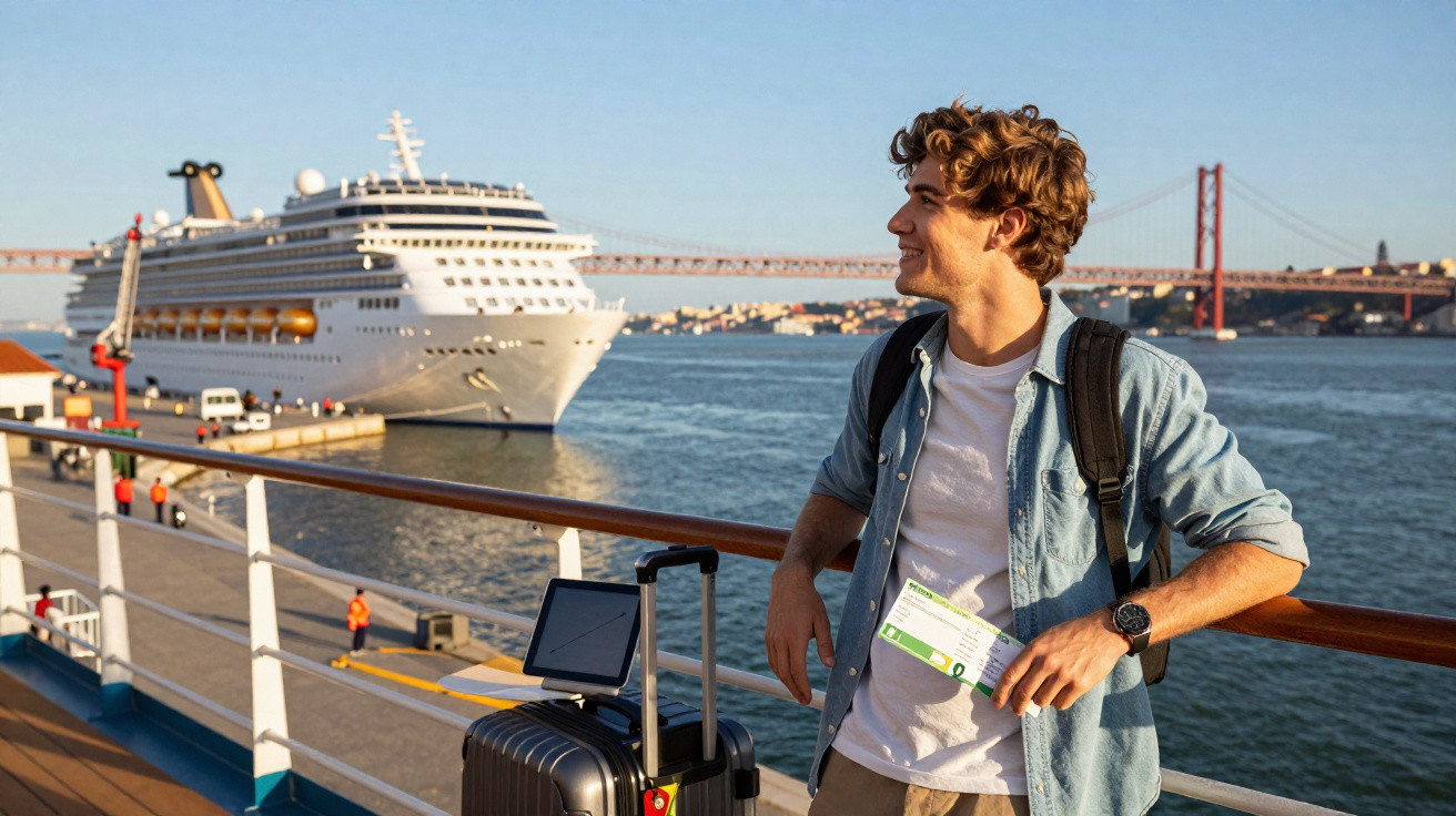 Jovem com mochila e mala no convés de navio de cruzeiro, com ponte e cidade ao fundo.