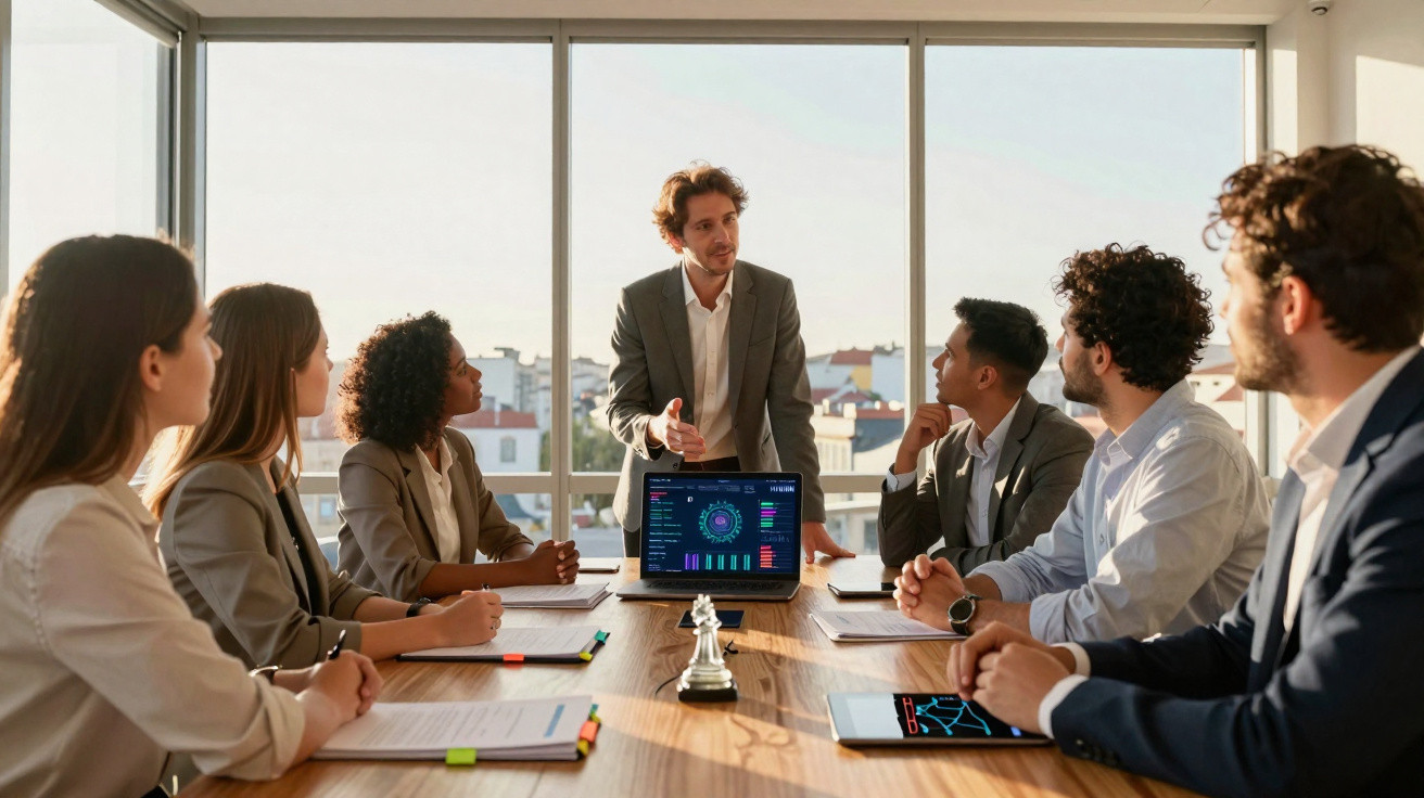 Reunião de negócios com sete pessoas em redor de mesa, homem em pé apresenta dados num laptop.