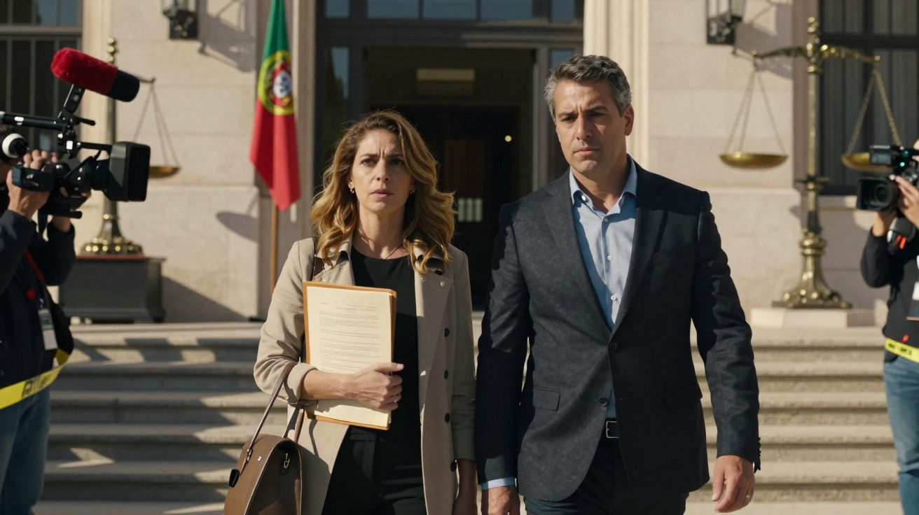 Dois adultos com expressão séria caminham em frente a um edifício oficial com a bandeira de Portugal ao fundo.