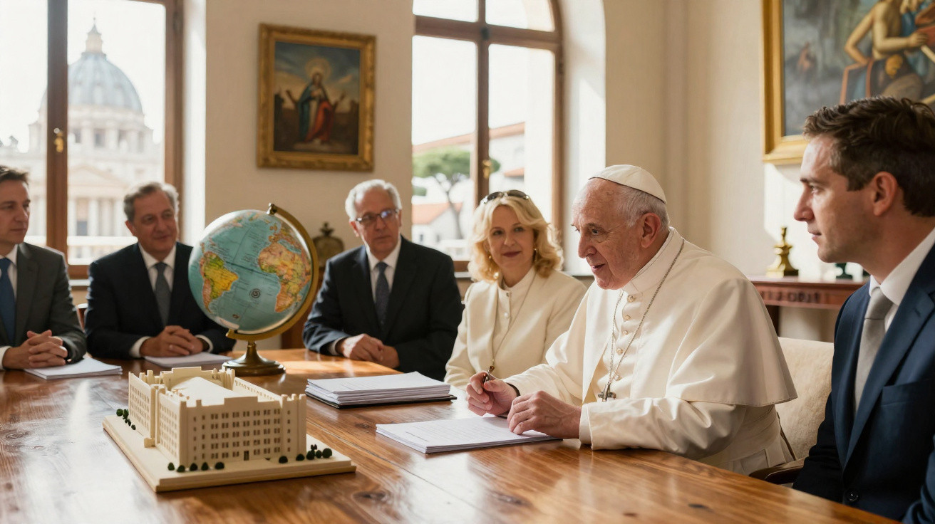 Papa Francisco reunido com delegados num escritório, com modelo arquitetónico e globo terrestre na mesa.