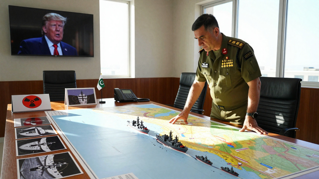 Militar na sala de operações a analisar mapa marítimo com miniaturas de navios, televisão com rosto de político ao fundo.