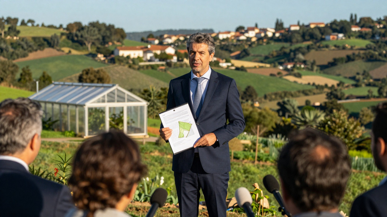 Homem de fato azul apresenta documento com mapa durante conferência ao ar livre numa zona rural.