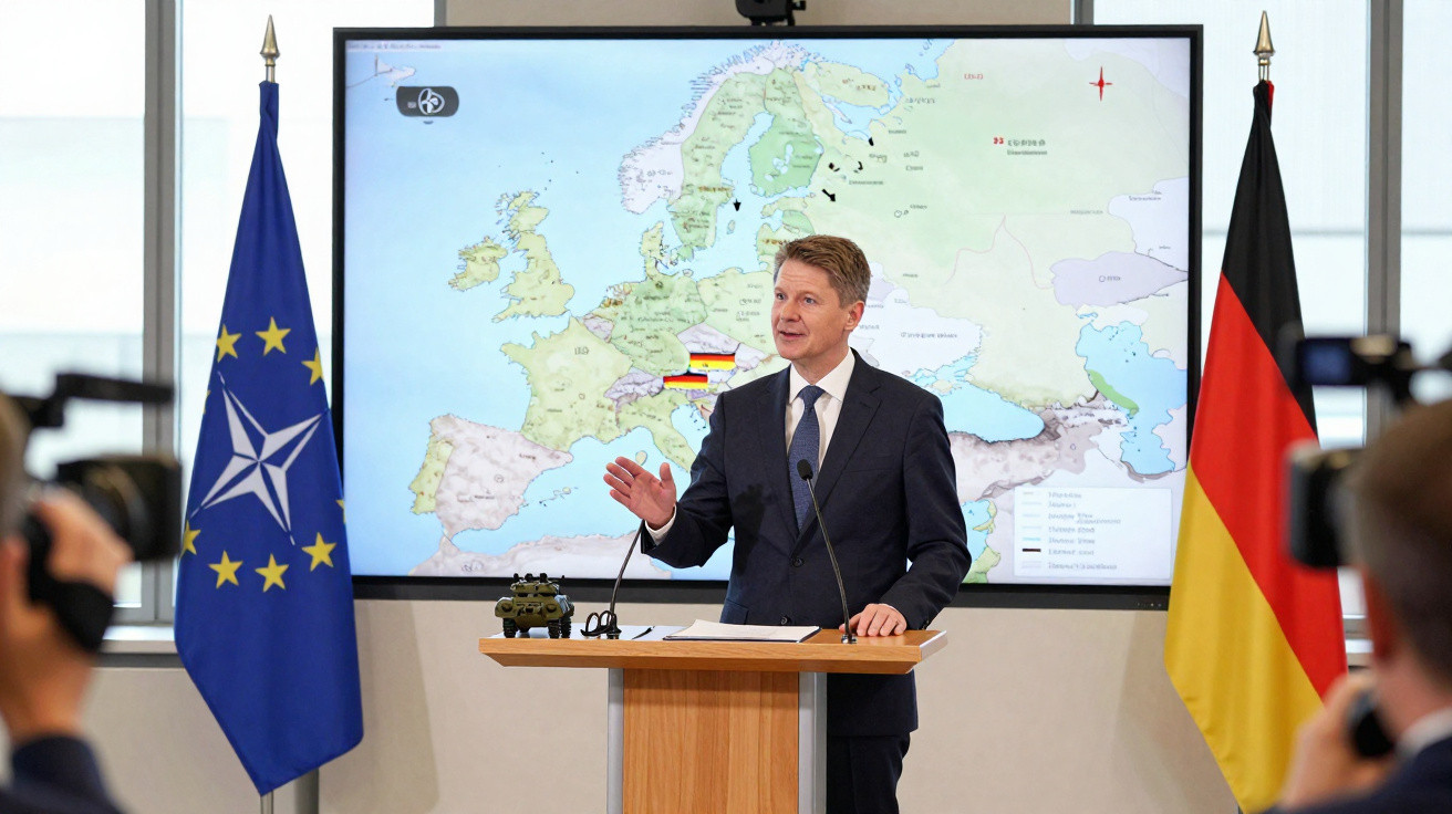 Homem de fato fala num púlpito com bandeiras da NATO e Alemanha atrás, e mapa da Europa no ecrã.