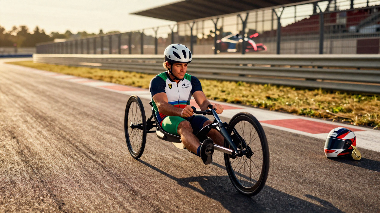 Atleta com capacete a conduzir uma handbike numa pista de corrida ao ar livre ao entardecer.