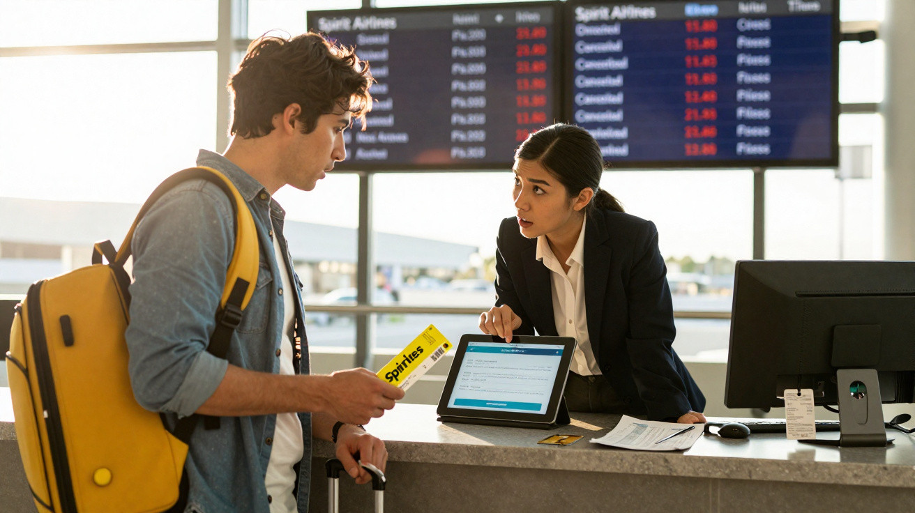 Jovem com mochila amarela a falar com funcionária no balcão de check-in num aeroporto.