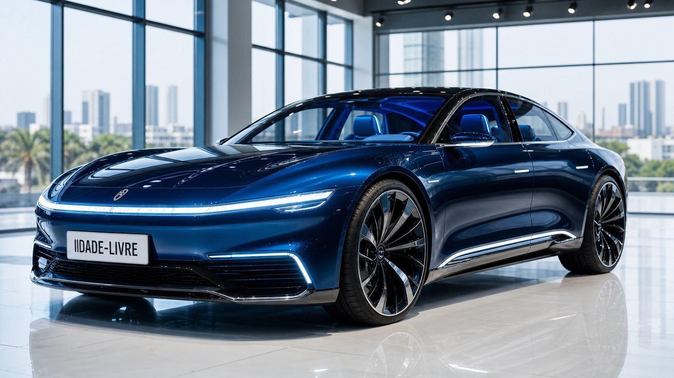 Carro eléctrico desportivo azul metálico estacionado dentro de um edifício moderno com janelas amplas.
