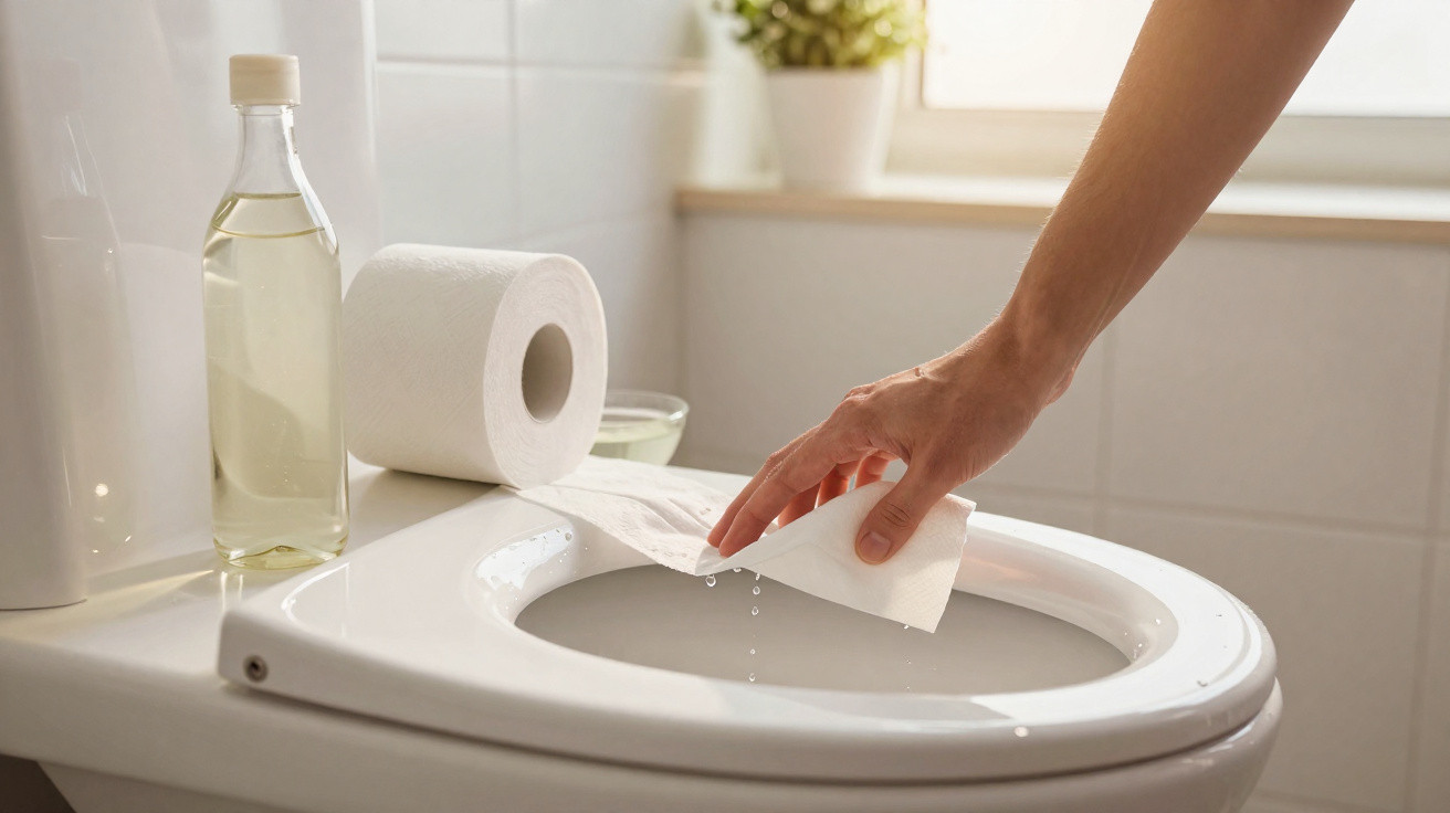 Mão a limpar o assento da sanita com papel húmido num casa de banho iluminada a luz natural.