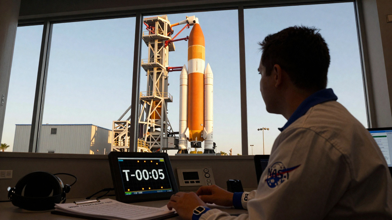 Homem com fato da NASA observa foguetão na plataforma de lançamento através de janela ampla.