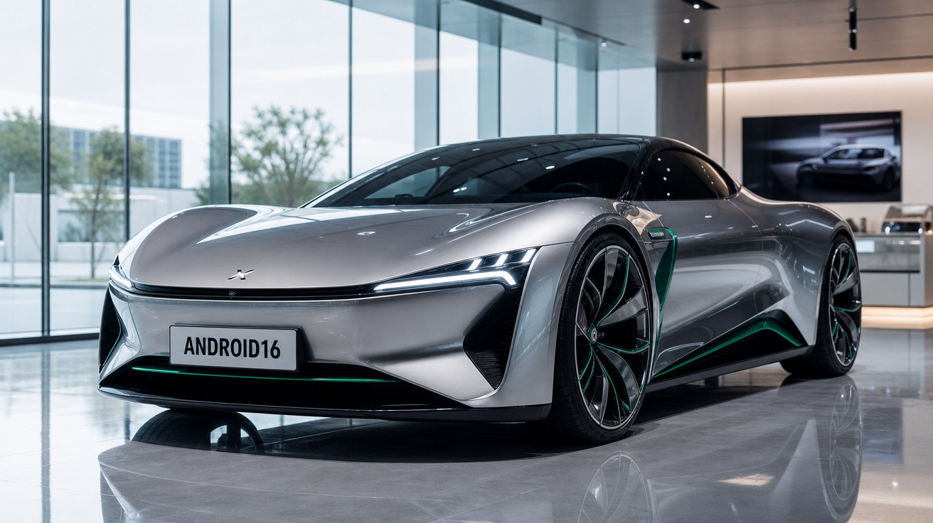 Carro desportivo elétrico prateado moderno em exposição numa sala com grandes janelas e luz natural.