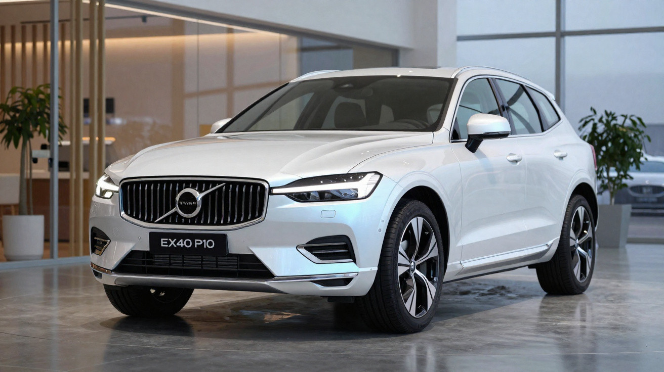 Carro branco Volvo EX40 P10 estacionado em interior moderno com chão e paredes claras.